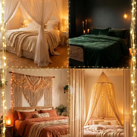 Cozy bedroom inspo with warm fairy lights