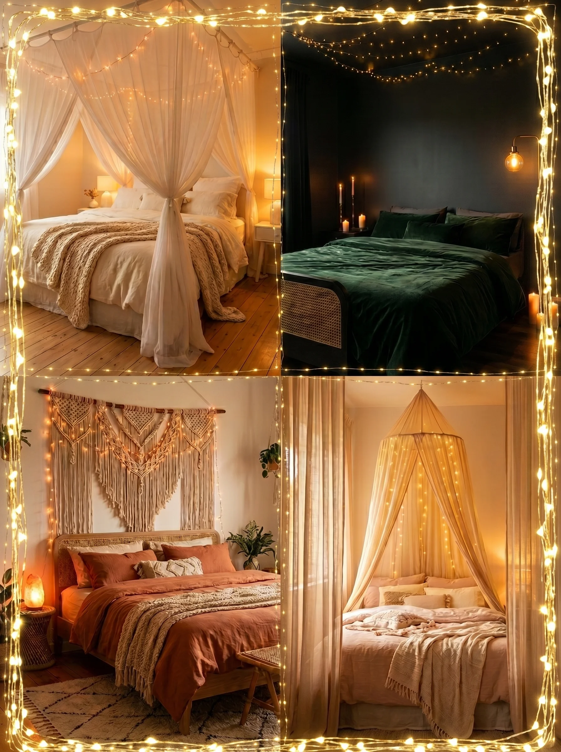 Cozy bedroom inspo with warm fairy lights