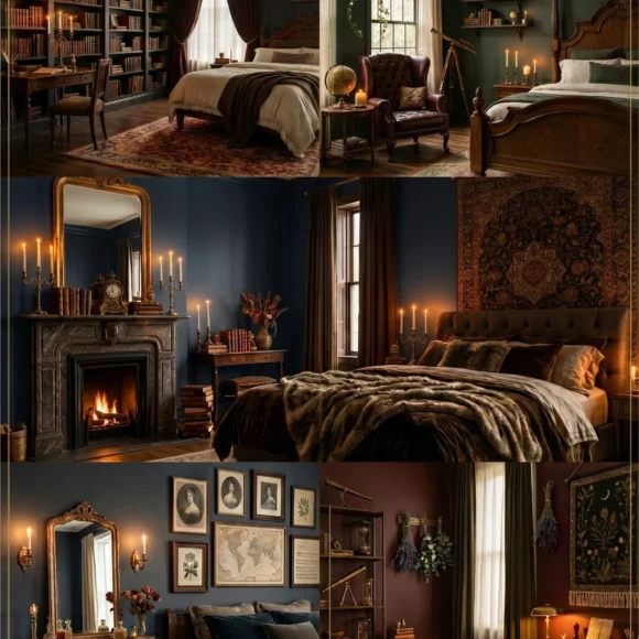 Dark academia bedroom inspo with vintage decor