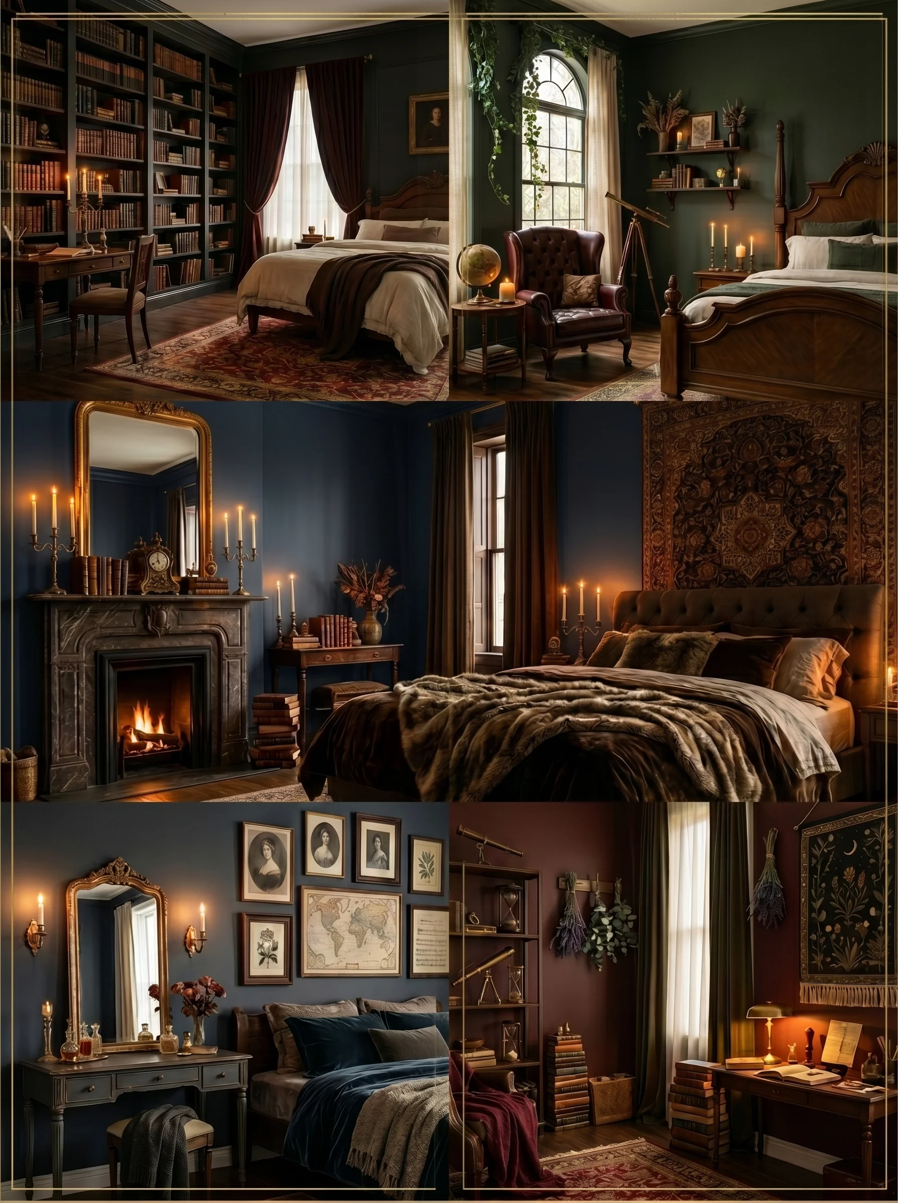 Dark academia bedroom inspo with vintage decor