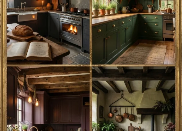 Dark cottagecore kitchen with wooden beam ceiling