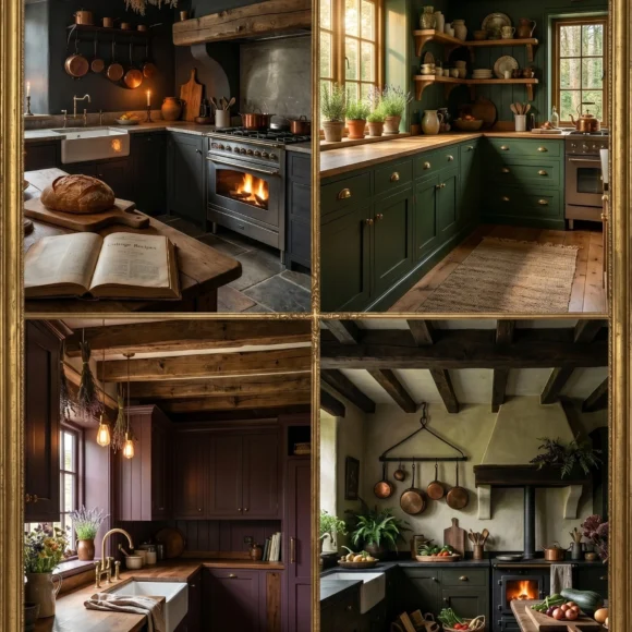 Dark cottagecore kitchen with wooden beam ceiling