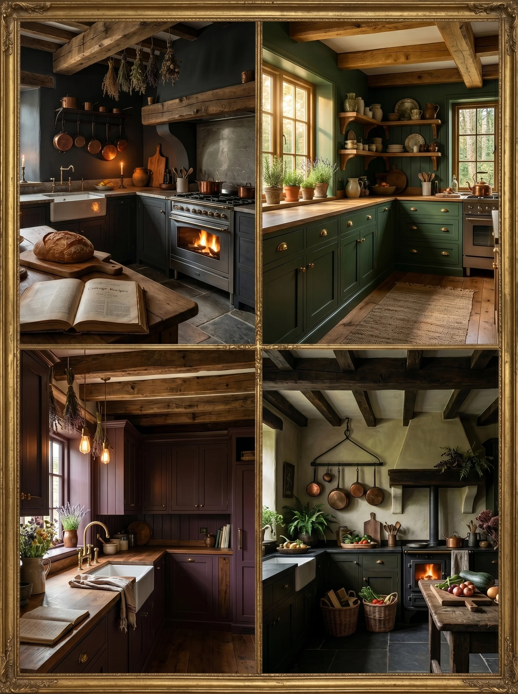 Dark cottagecore kitchen with wooden beam ceiling