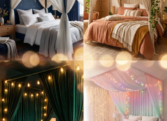 teen bedroom designs with canopy bed and string lights