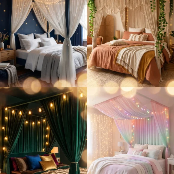 teen bedroom designs with canopy bed and string lights