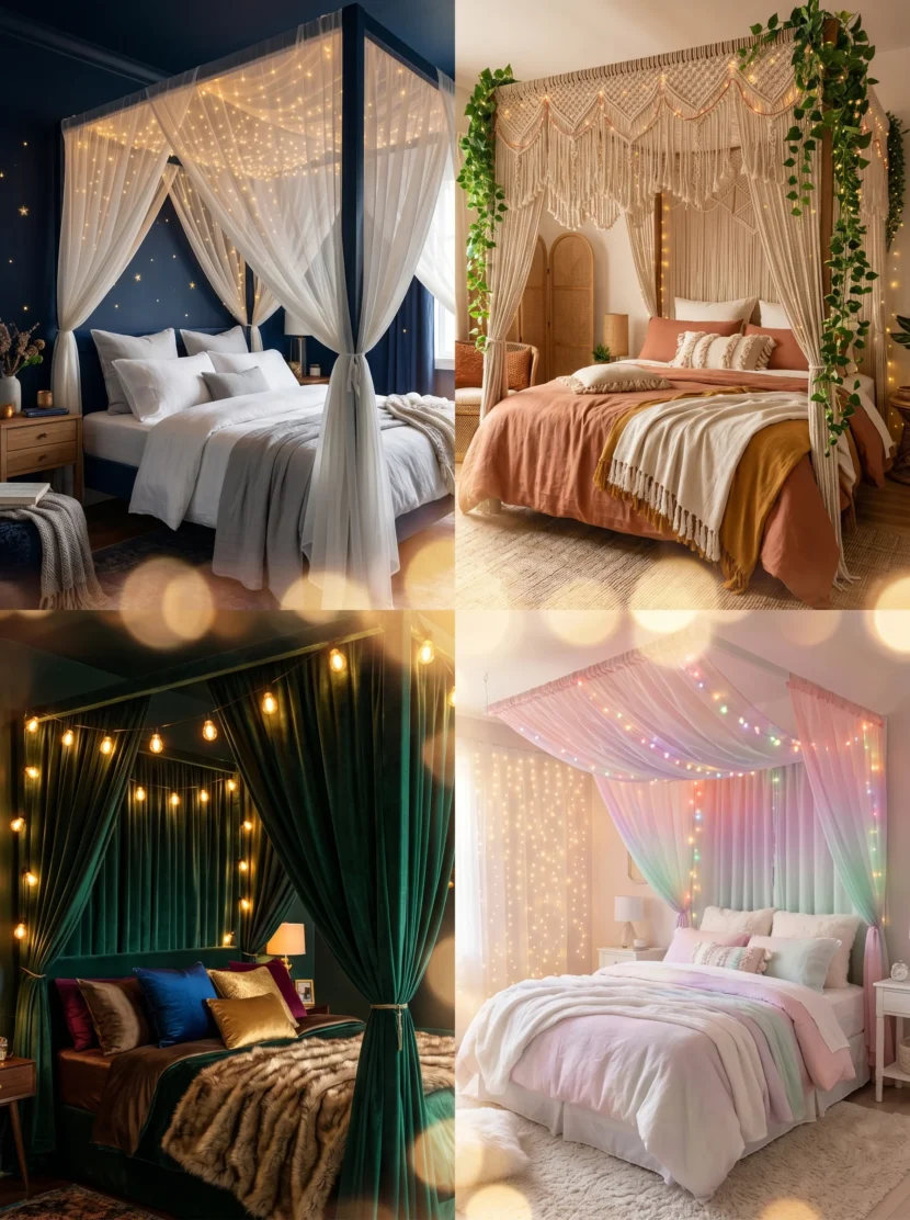 teen bedroom designs with canopy bed and string lights