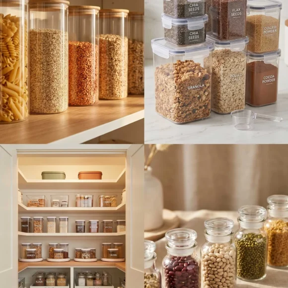 Kitchen pantry organization with clear containers