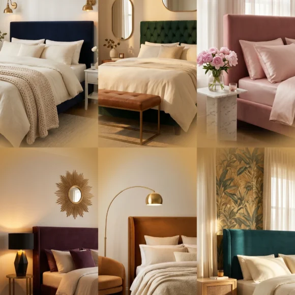 Luxurious master bedroom decor with velvet headboard