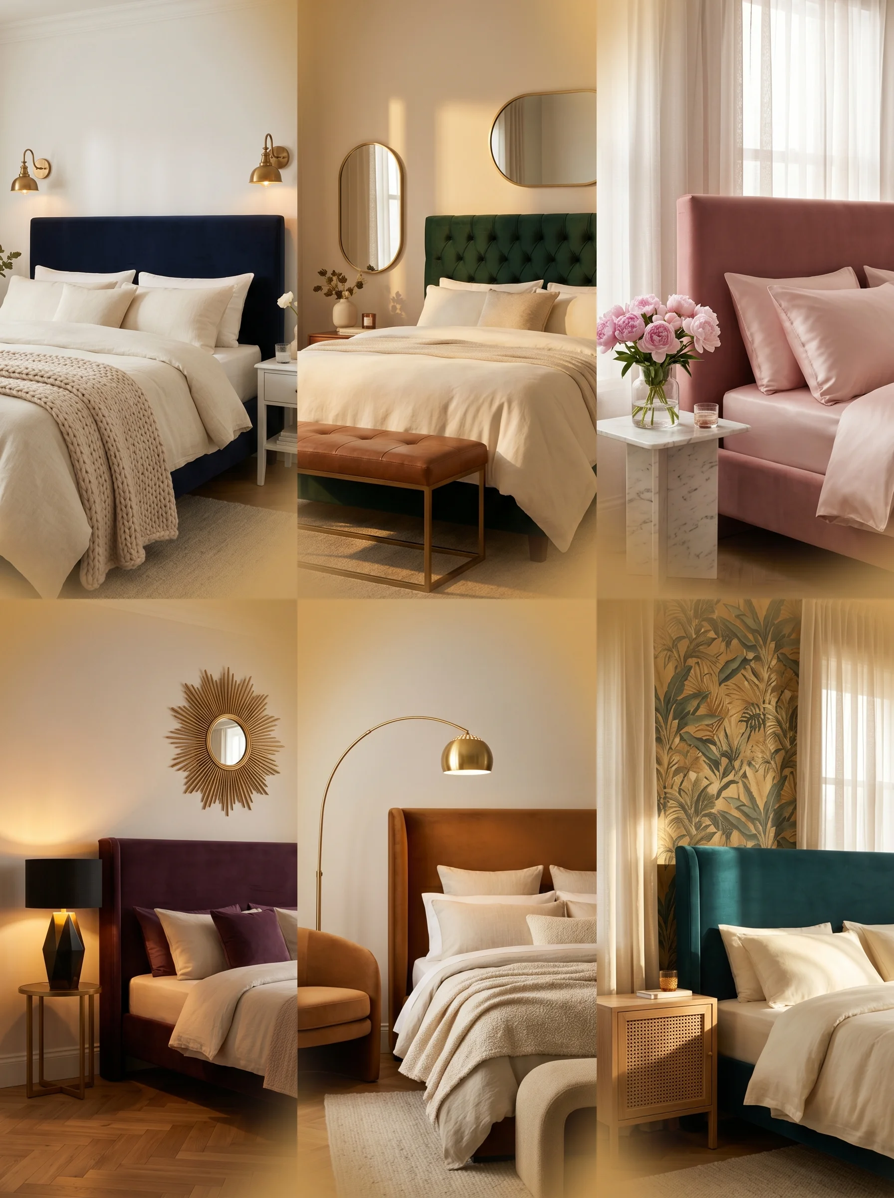 Luxurious master bedroom decor with velvet headboard