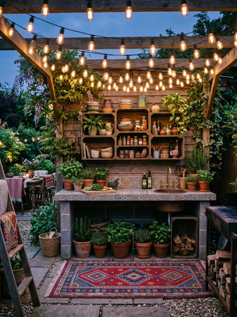 string light canopy over bohemian outdoor kitchen