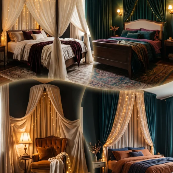 romantic moody bedroom with fairy lights and draped fabrics