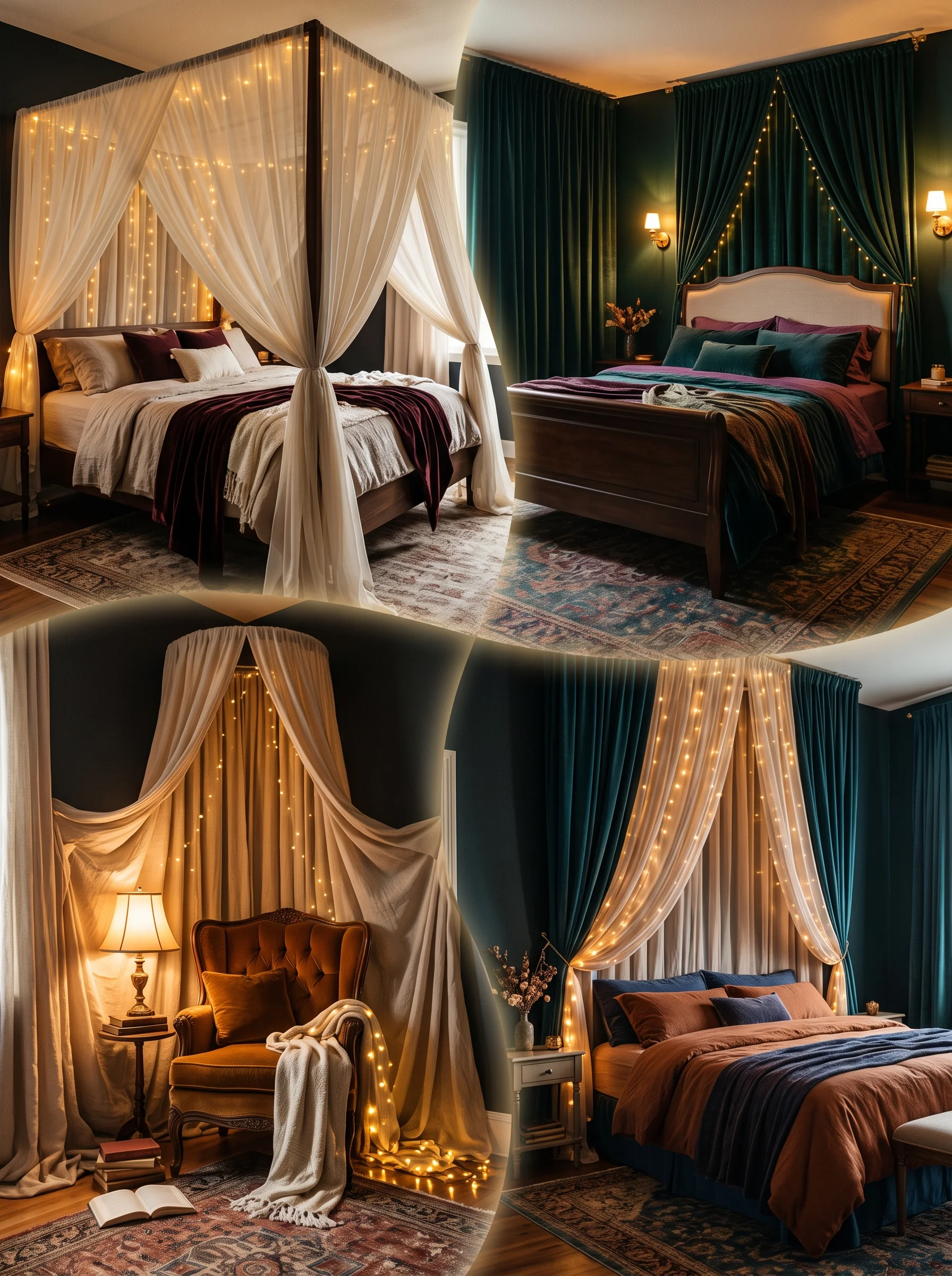 romantic moody bedroom with fairy lights and draped fabrics