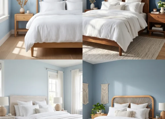 cool blue bedroom ideas with white linen and wood accents