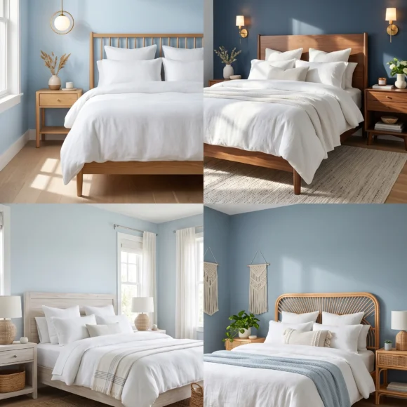 cool blue bedroom ideas with white linen and wood accents