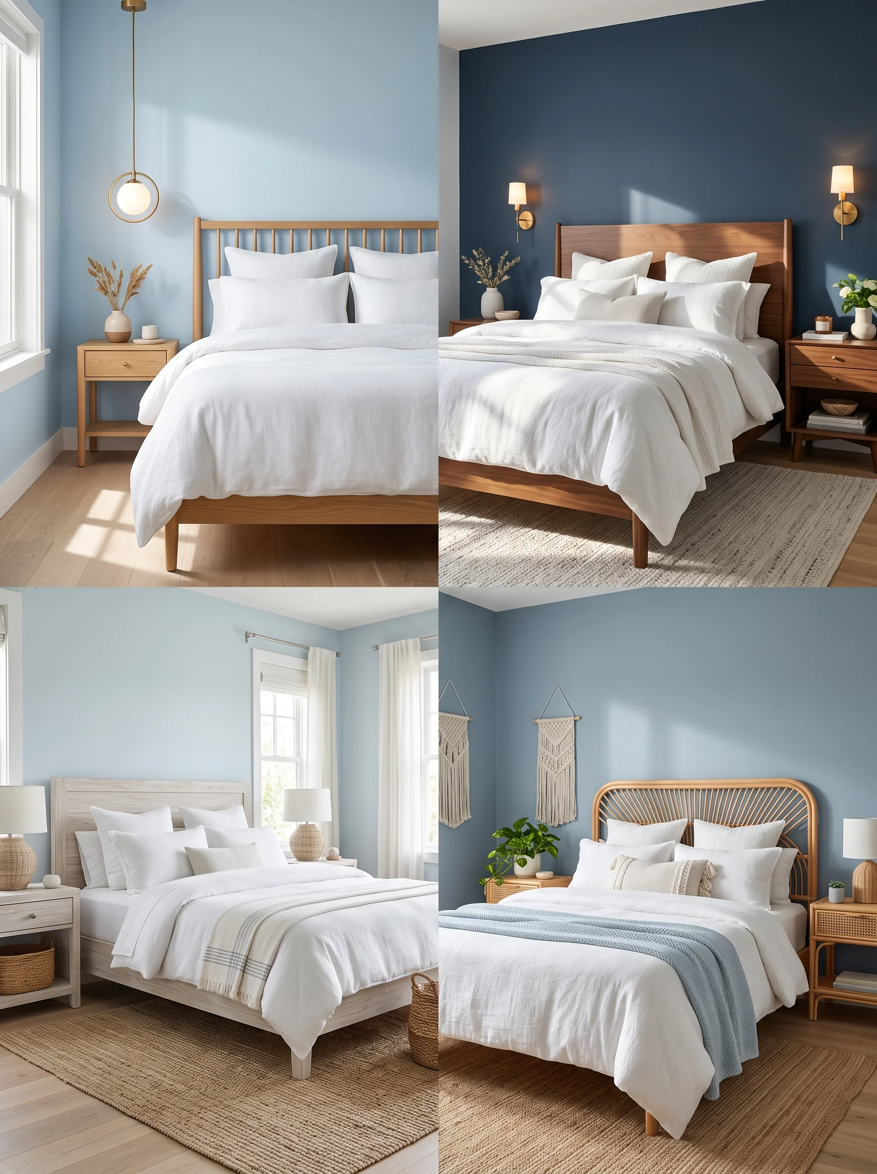 cool blue bedroom ideas with white linen and wood accents