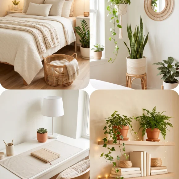minimalist dorm room styles with neutral tones and plants