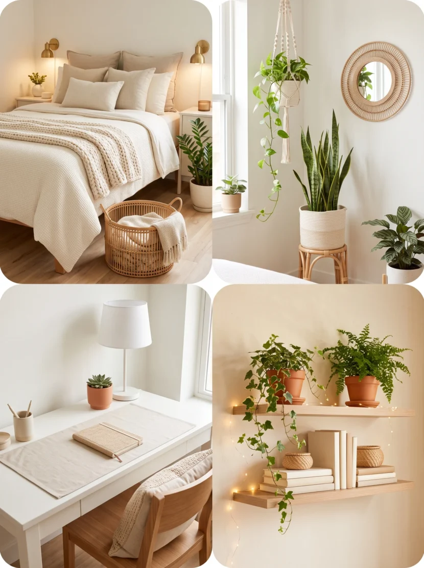 minimalist dorm room styles with neutral tones and plants