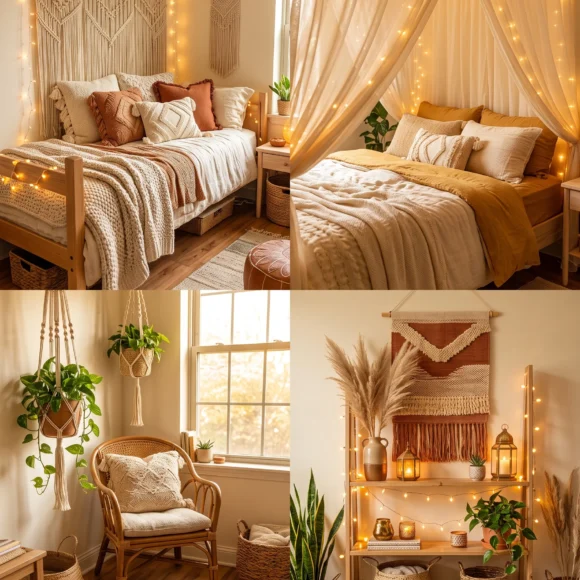 boho dorm room styles with macrame and warm fairy lights