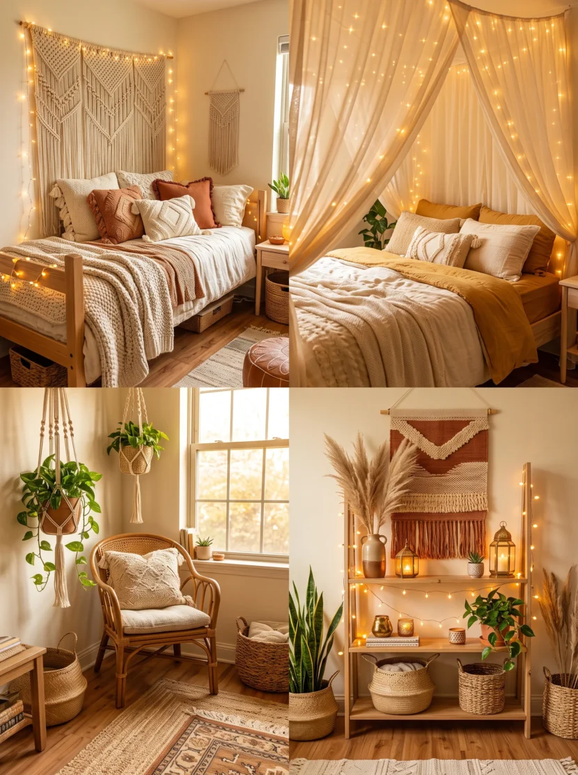 boho dorm room styles with macrame and warm fairy lights