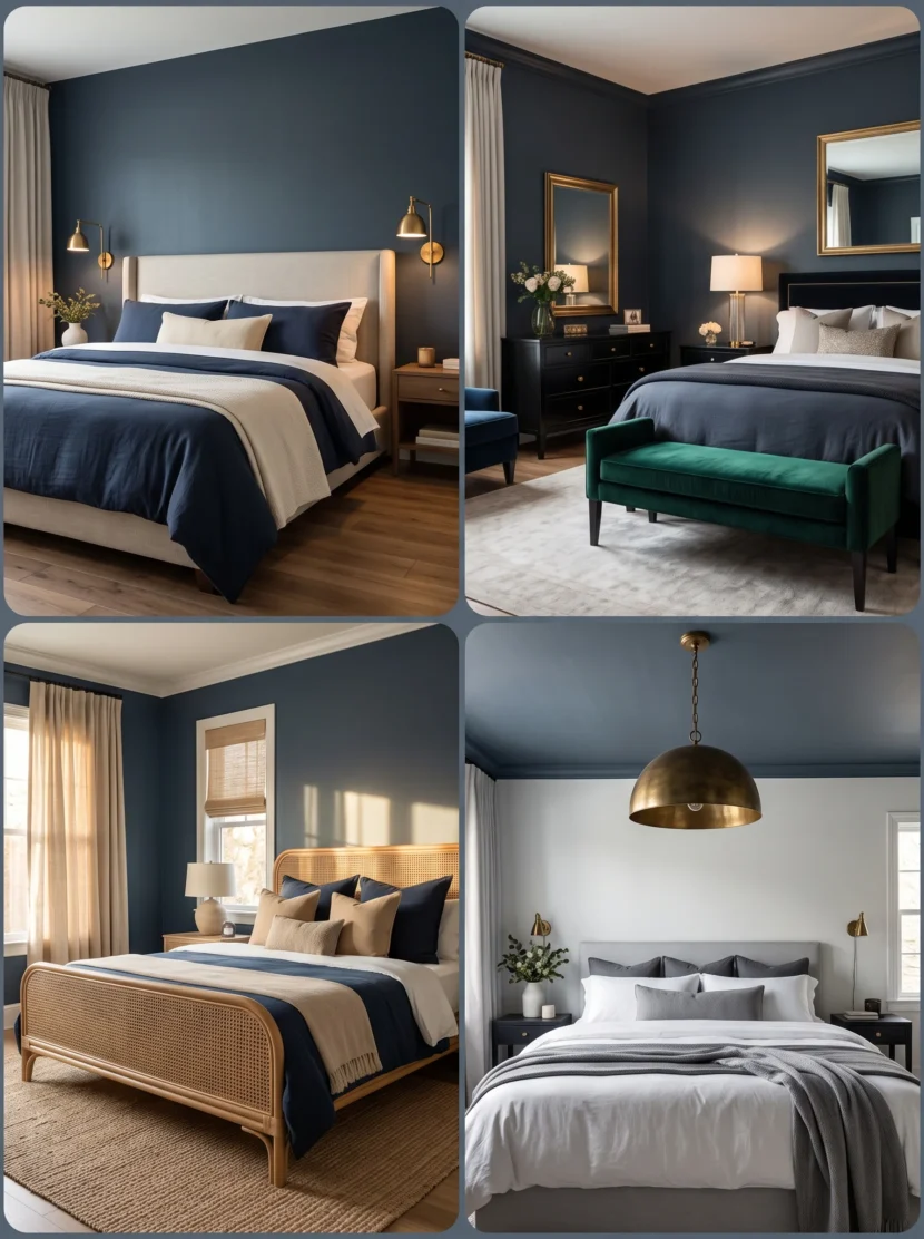 moody cool blue bedroom aesthetic dark slate tones