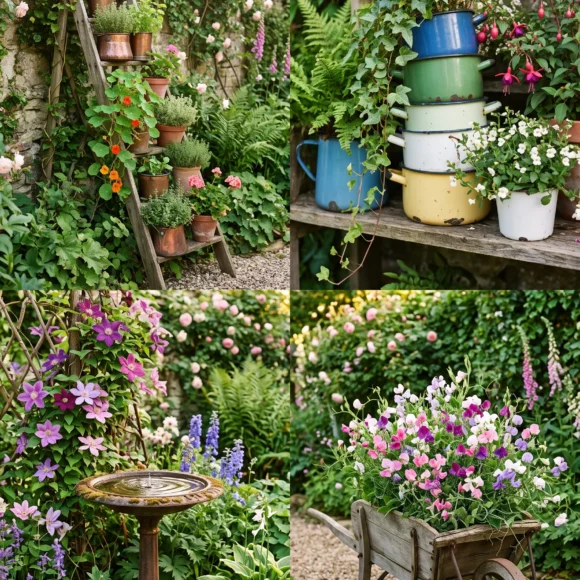 whimsical garden ideas with vintage pots and climbing vines