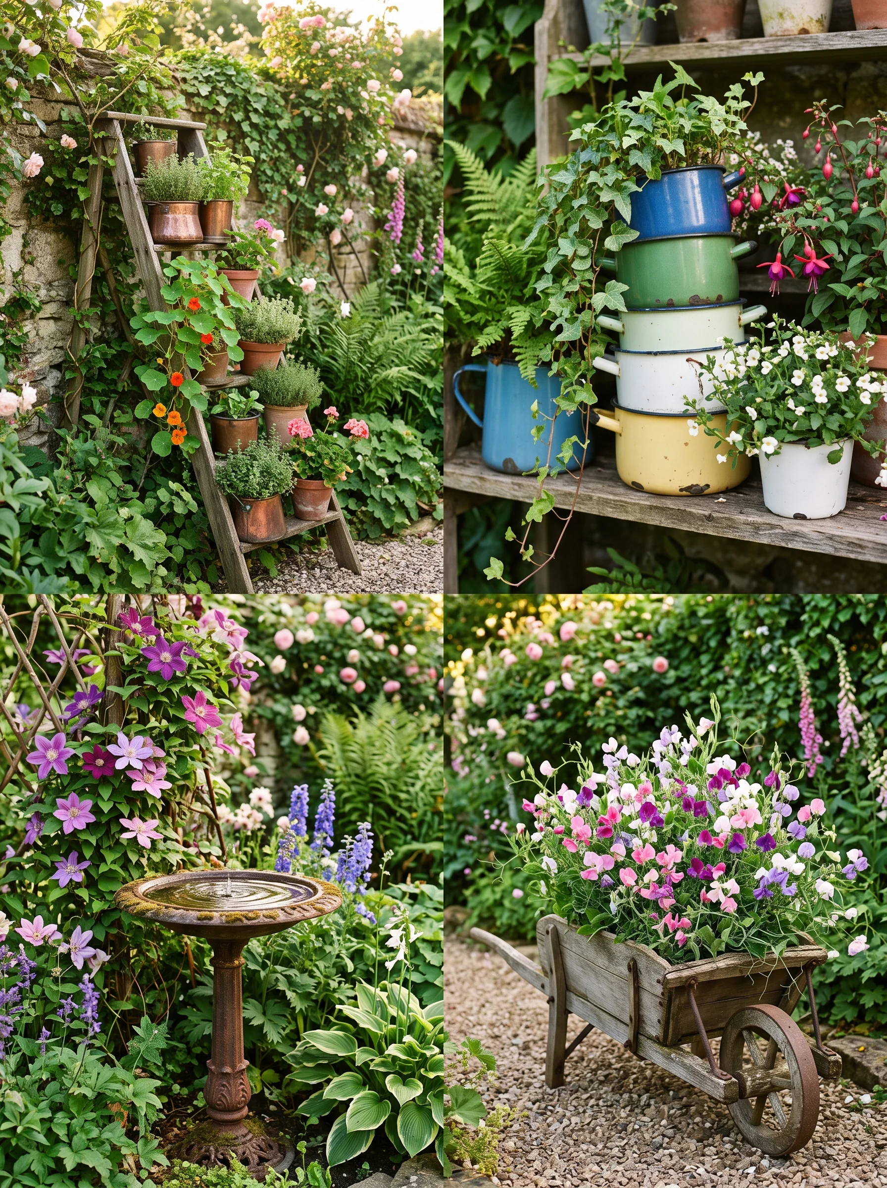 whimsical garden ideas with vintage pots and climbing vines