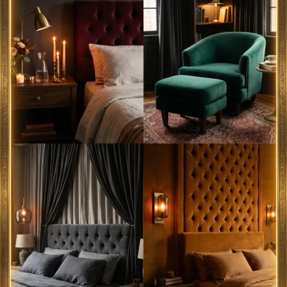 moody romantic bedroom with velvet headboard and dim lighting