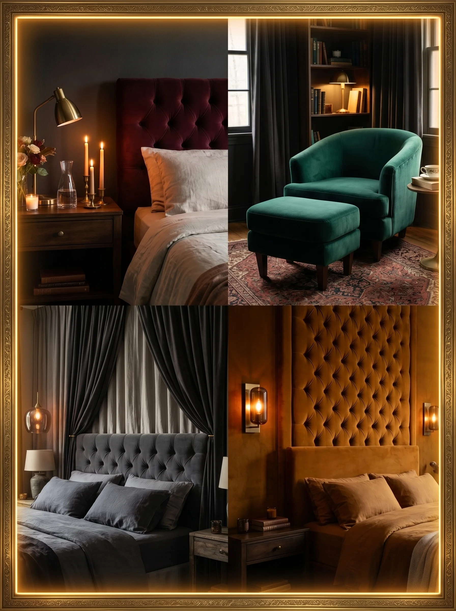moody romantic bedroom with velvet headboard and dim lighting