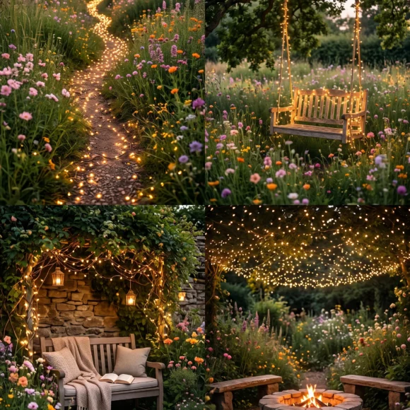 whimsical garden ideas with fairy lights and wildflowers