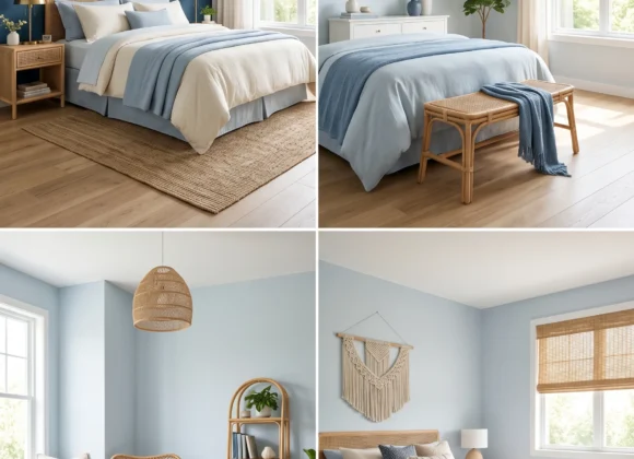 cool blue bedroom with rattan furniture and natural light