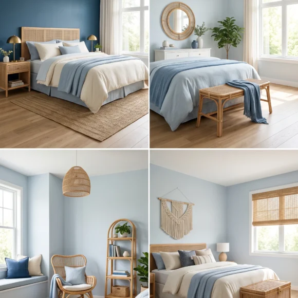 cool blue bedroom with rattan furniture and natural light