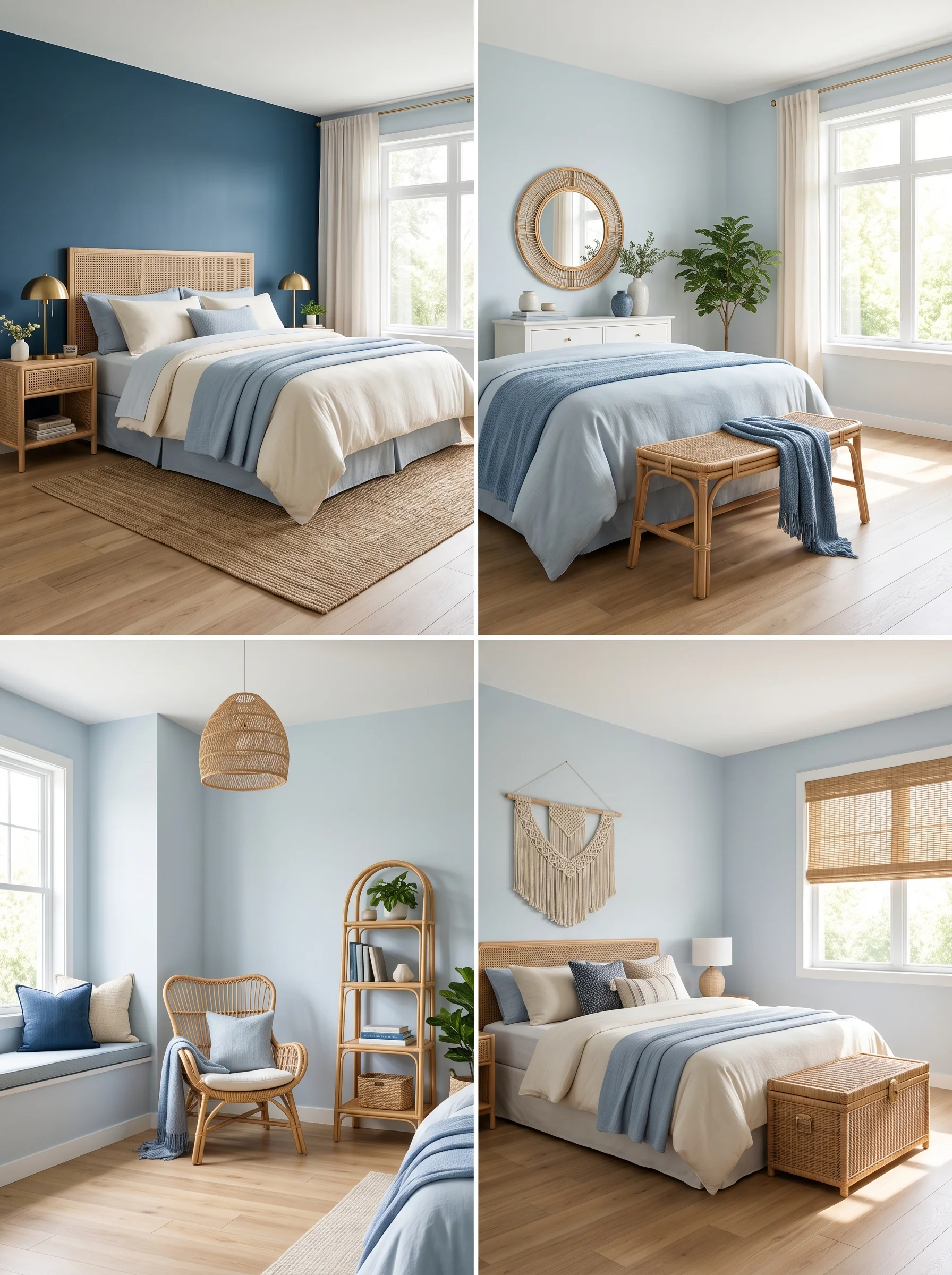 cool blue bedroom with rattan furniture and natural light