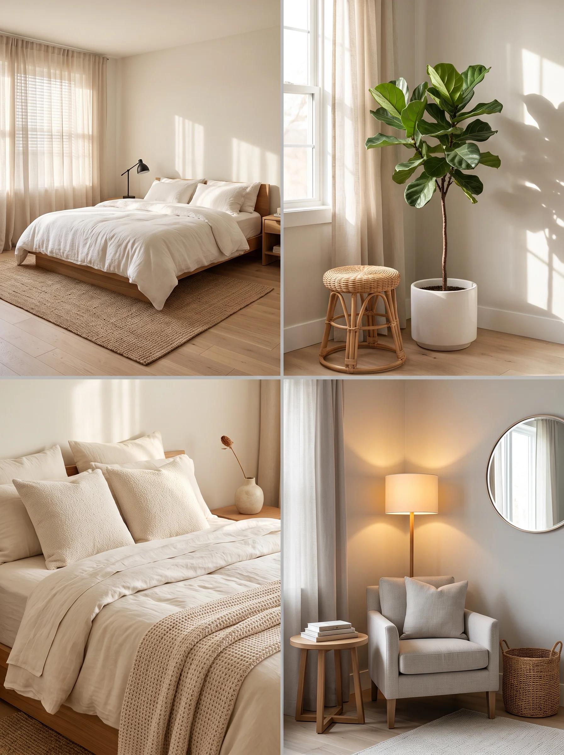 minimalist bedroom with linen bedding and corner plant corner