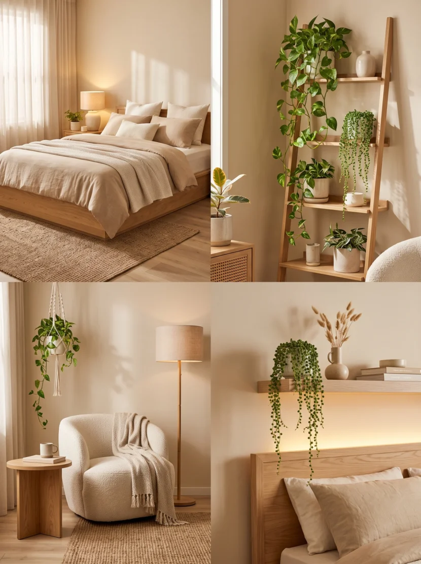 clean minimalist bedroom beige tones and trailing plants shelf