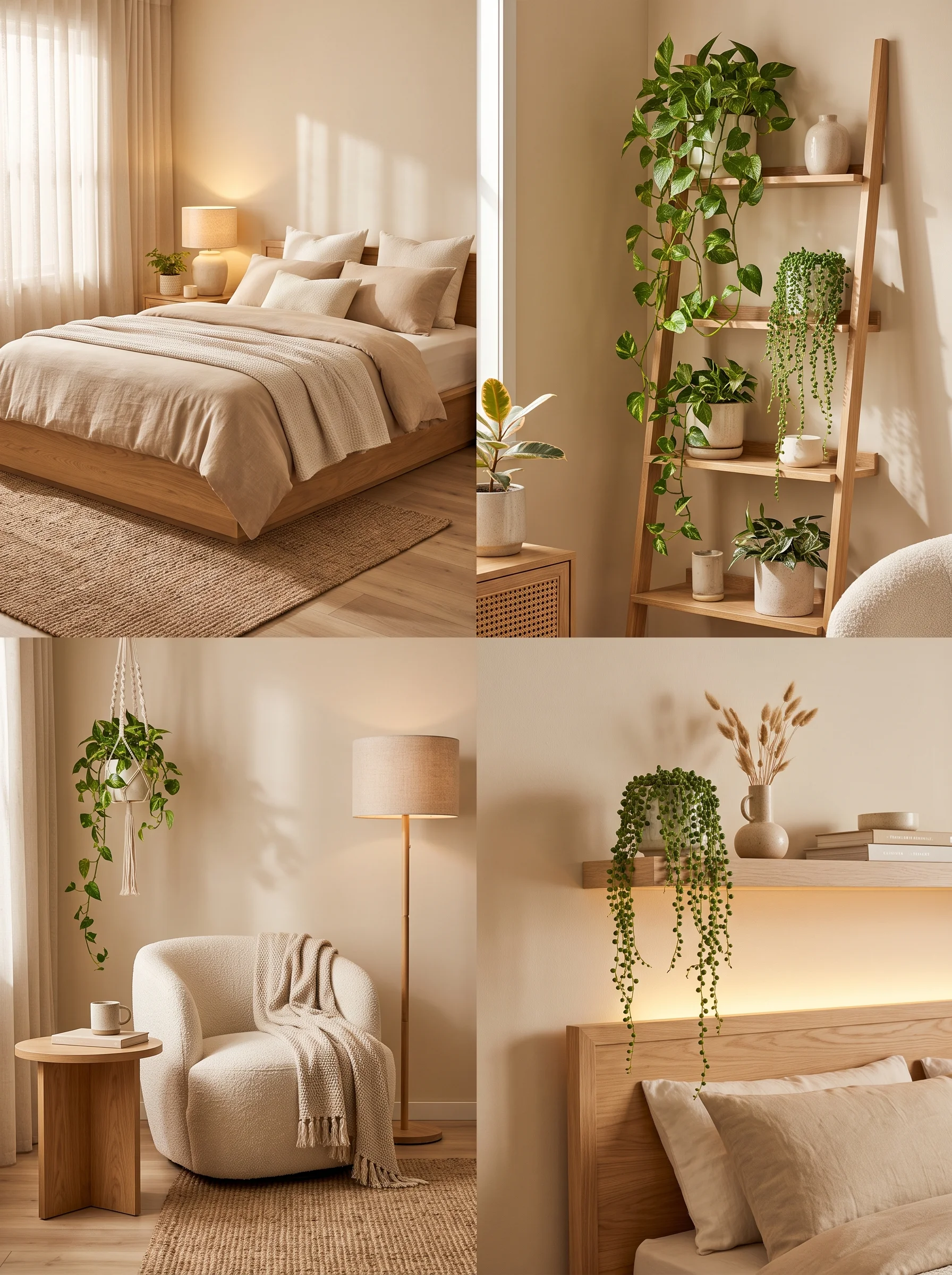 clean minimalist bedroom beige tones and trailing plants shelf