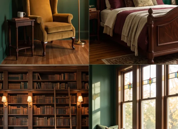 dark academia bedroom aesthetic deep green walls wood furniture