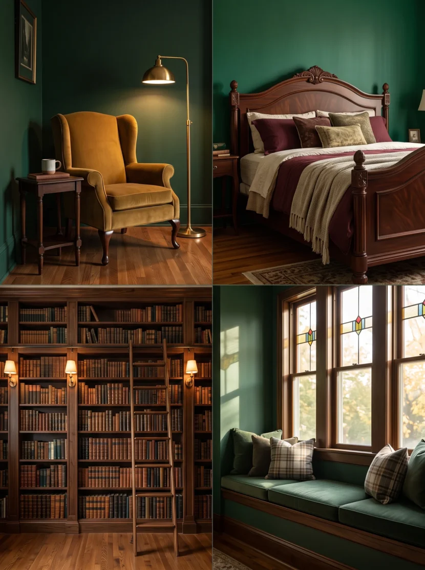 dark academia bedroom aesthetic deep green walls wood furniture