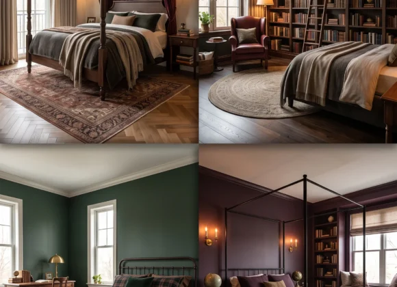 dark academia bedroom with canopy bed and layered textures