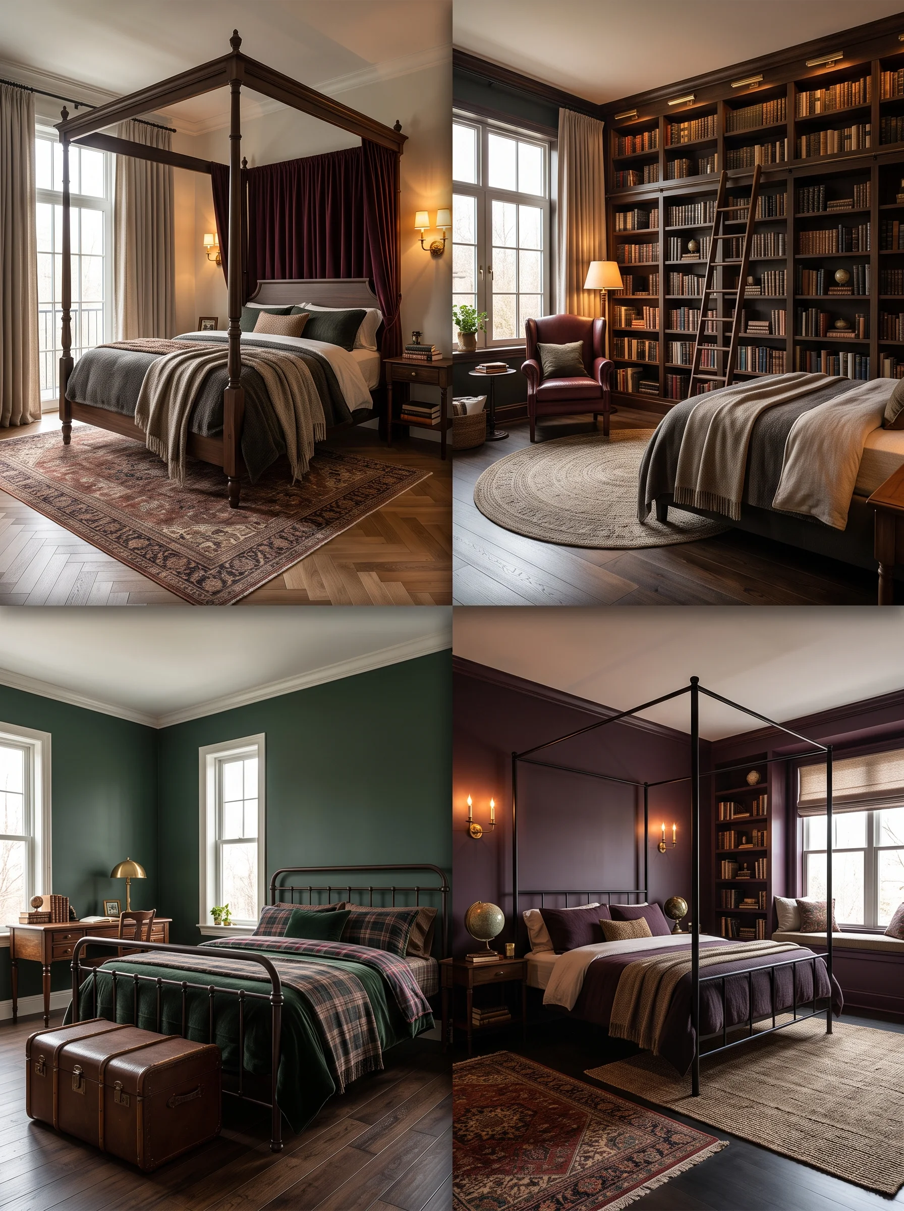 dark academia bedroom with canopy bed and layered textures