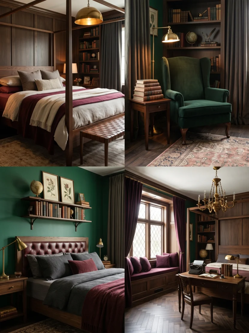 dark academia bedroom with vintage books and brass lamp