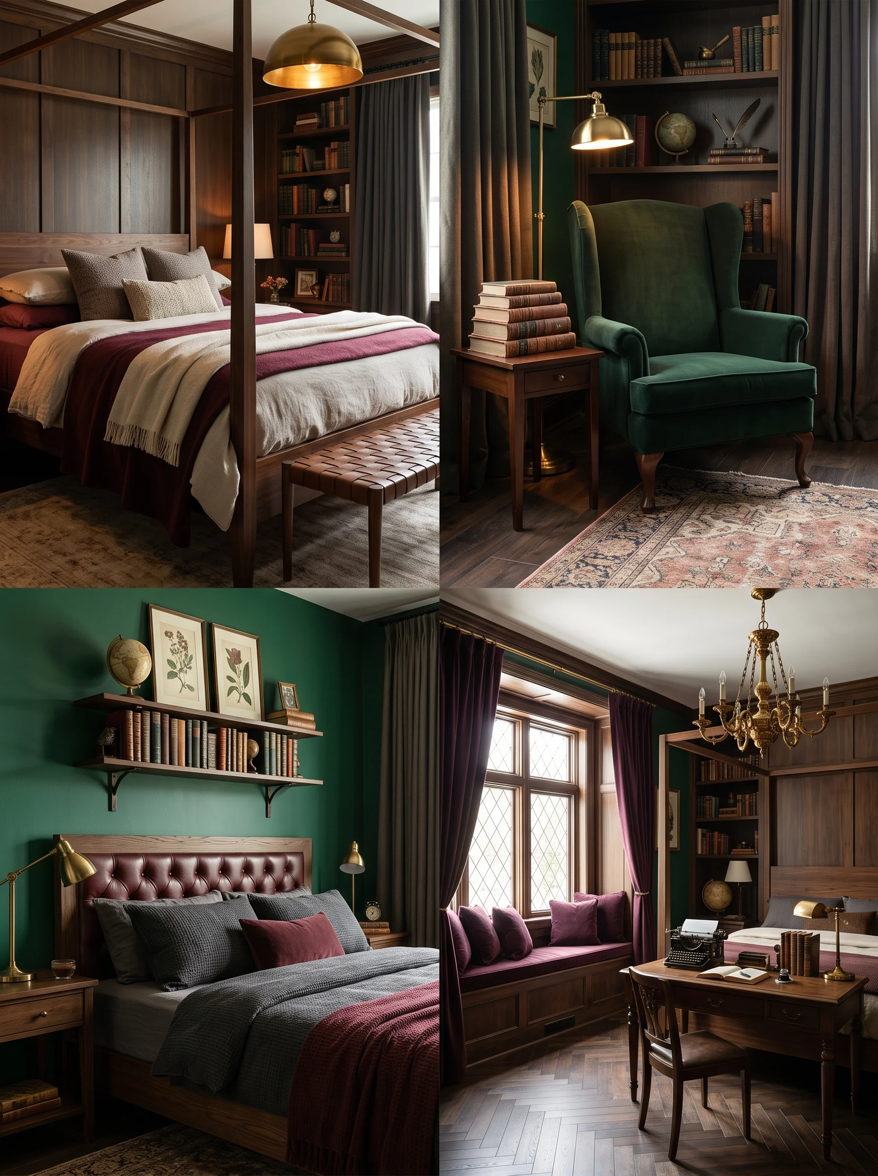 dark academia bedroom with vintage books and brass lamp