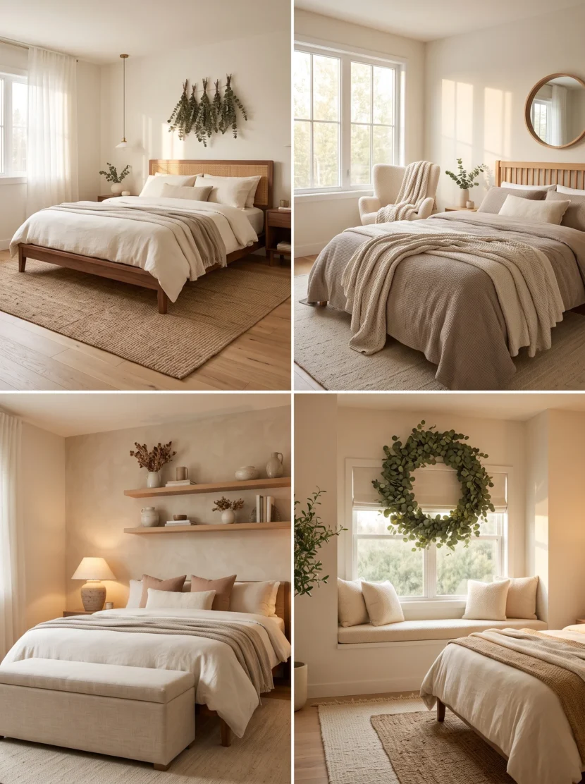 minimalist bedroom with warm neutrals and hanging eucalyptus bundles