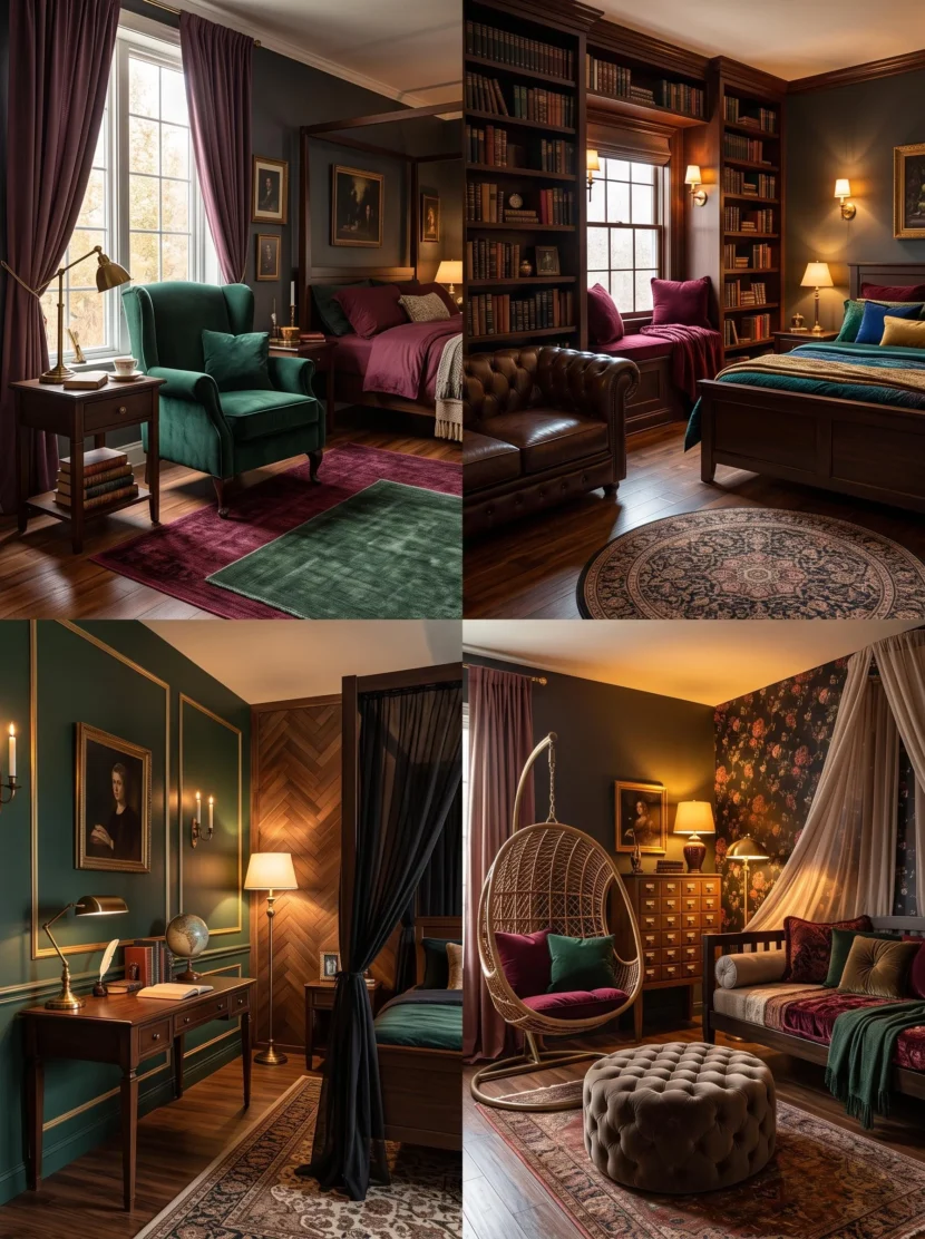 small dark academia bedroom ideas moody reading nook corner