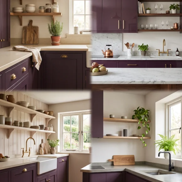 Aubergine Kitchen Cabinet Ideas with Warm Wood Open Shelving for a Rich, Cozy Kitchen aubergine kitchen cabinet ideas with warm wood open shelving