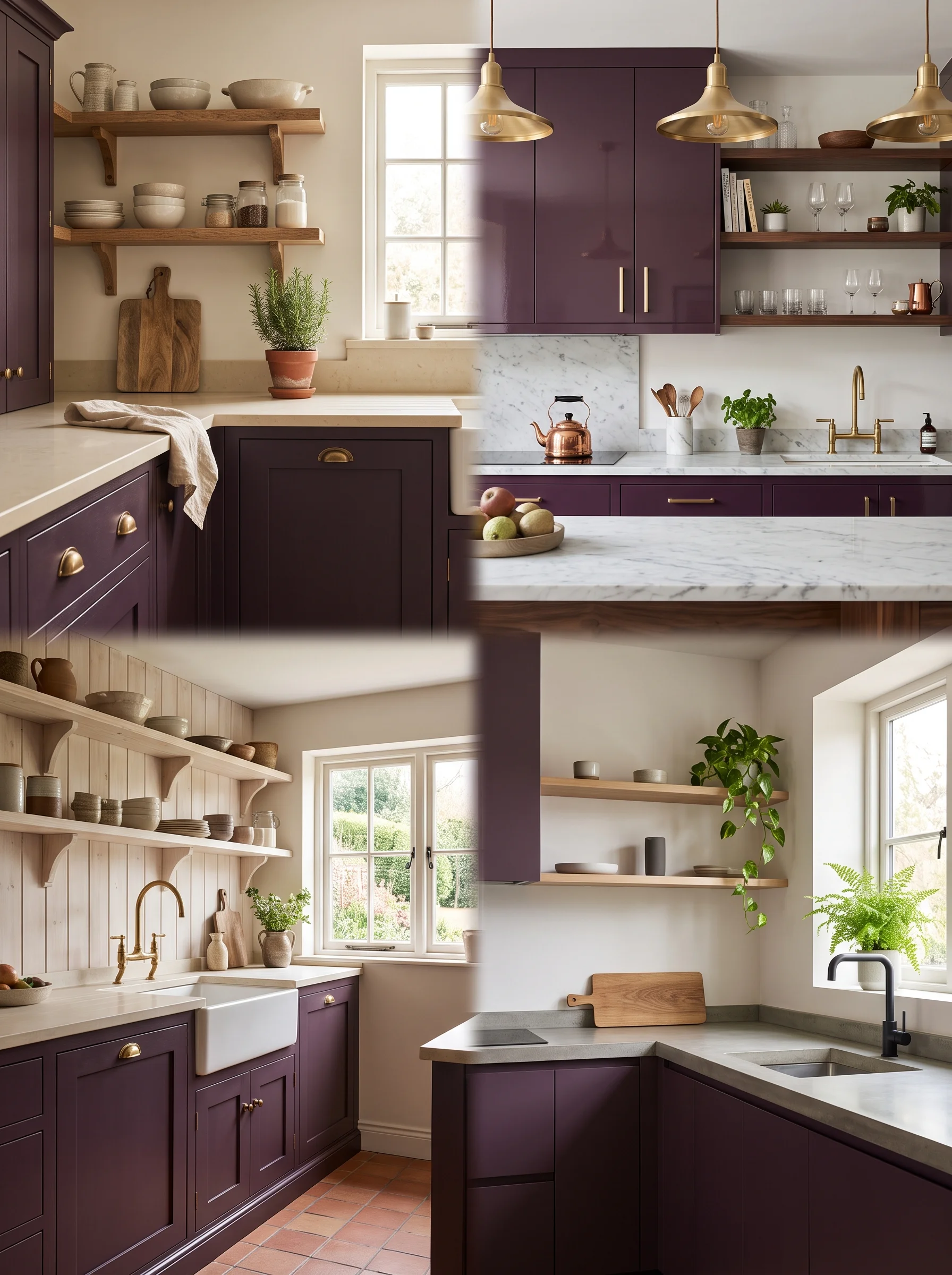 aubergine kitchen cabinet ideas with warm wood open shelving