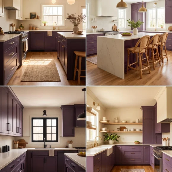 bold purple kitchen cabinets with cream walls contrast look (1)