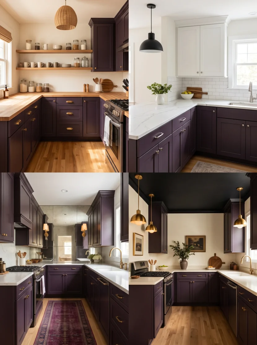 Eggplant Kitchen Cabinets for a Dark, Dramatic Small Kitchen Makeover That Feels Luxe eggplant kitchen cabinets dark dramatic small kitchen makeover