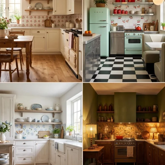grandma core kitchen ideas with floral tiles and open shelves