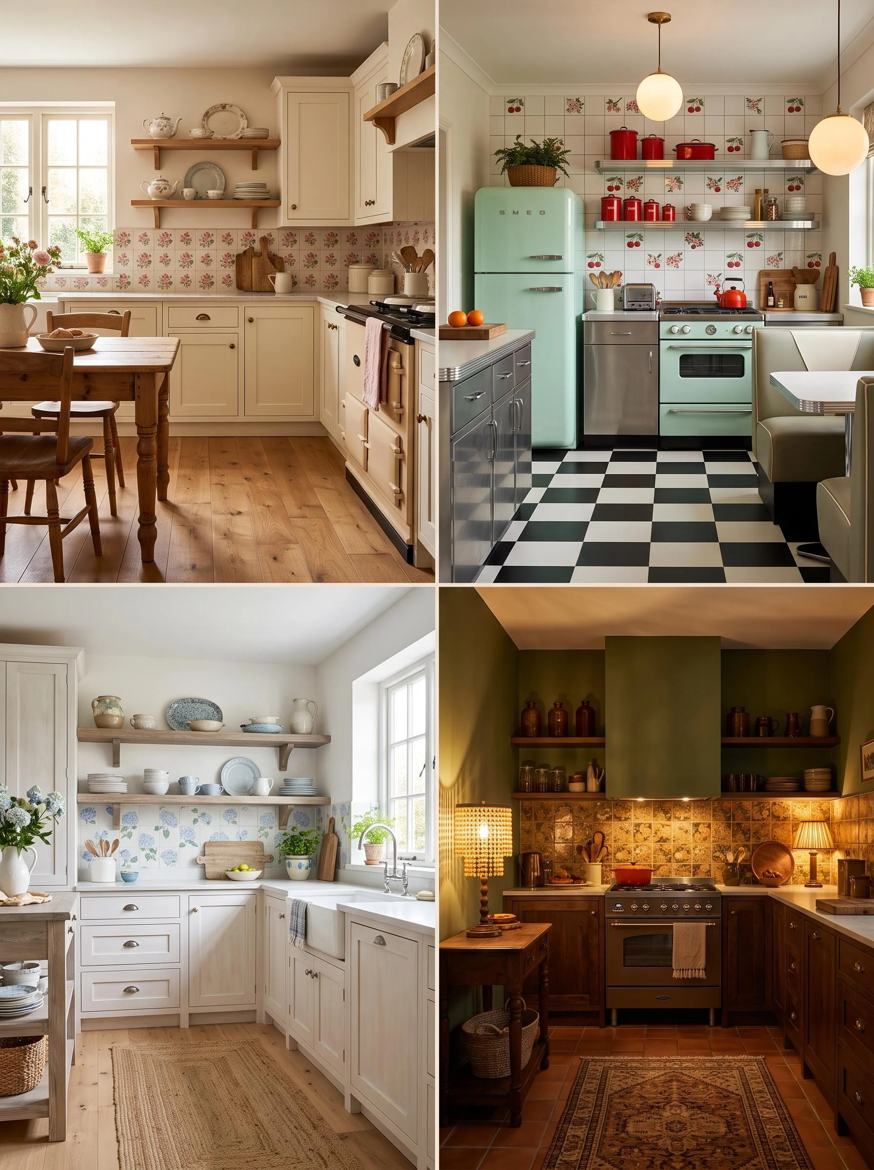 grandma core kitchen ideas with floral tiles and open shelves