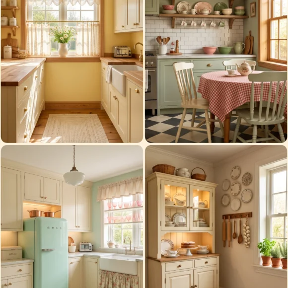 cozy grandma core kitchen aesthetic vintage dishes and lace curtains
